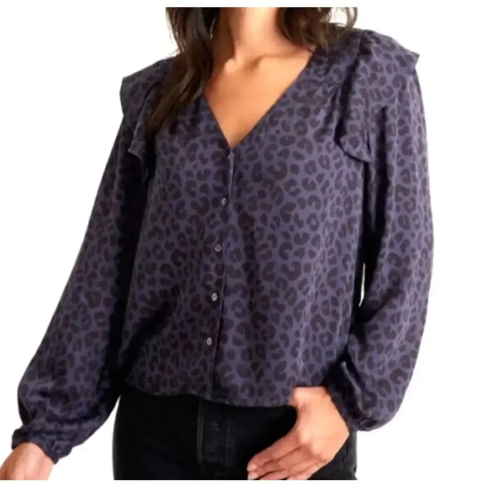 NWT Marine Layer Size Small Rory Long Sleeve Ruffle Blouse Cheetah Blue Purple - Picture 1 of 11